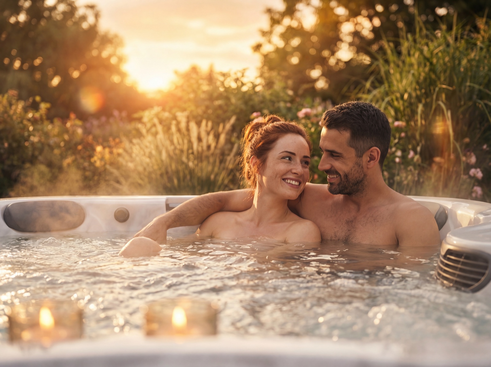 Paar im Whirlpool bei Sonnenuntergang, Kerzen am Rand